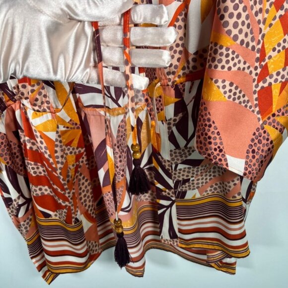NWT DR2 Daniel Rainn Tropical Satin Ruana Wide 3/4 Sleeves Beaded Drawstring S/M - Picture 11 of 16
